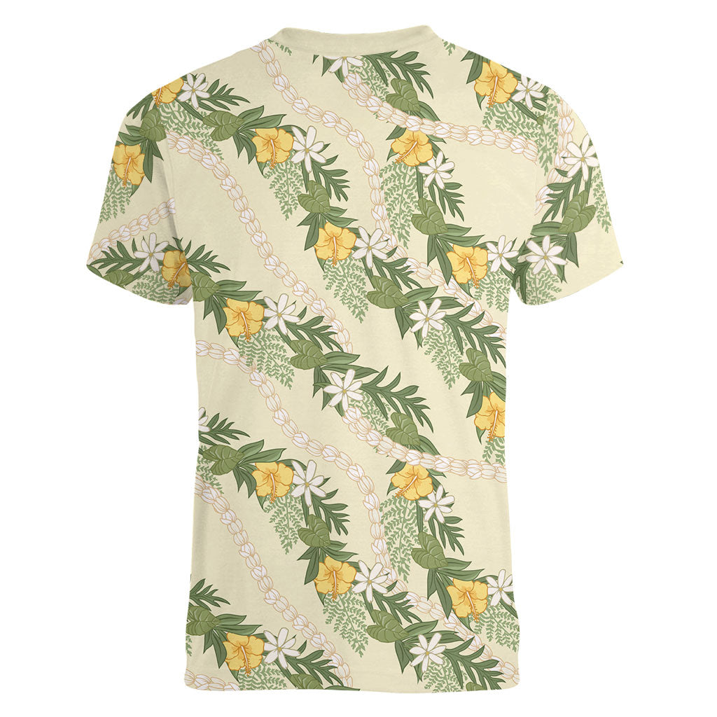 Hawaiian Pikake Maile Lei Women V-Neck T-Shirt Tiare Hibiscus Kalo Palapalai Leaf Beige LT19 - Polynesian Pride