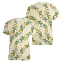 Hawaiian Pikake Maile Lei Women V-Neck T-Shirt Tiare Hibiscus Kalo Palapalai Leaf Beige LT19 - Polynesian Pride