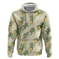 Hawaiian Pikake Maile Lei Zip Hoodie Tiare Hibiscus Kalo Palapalai Leaf Beige