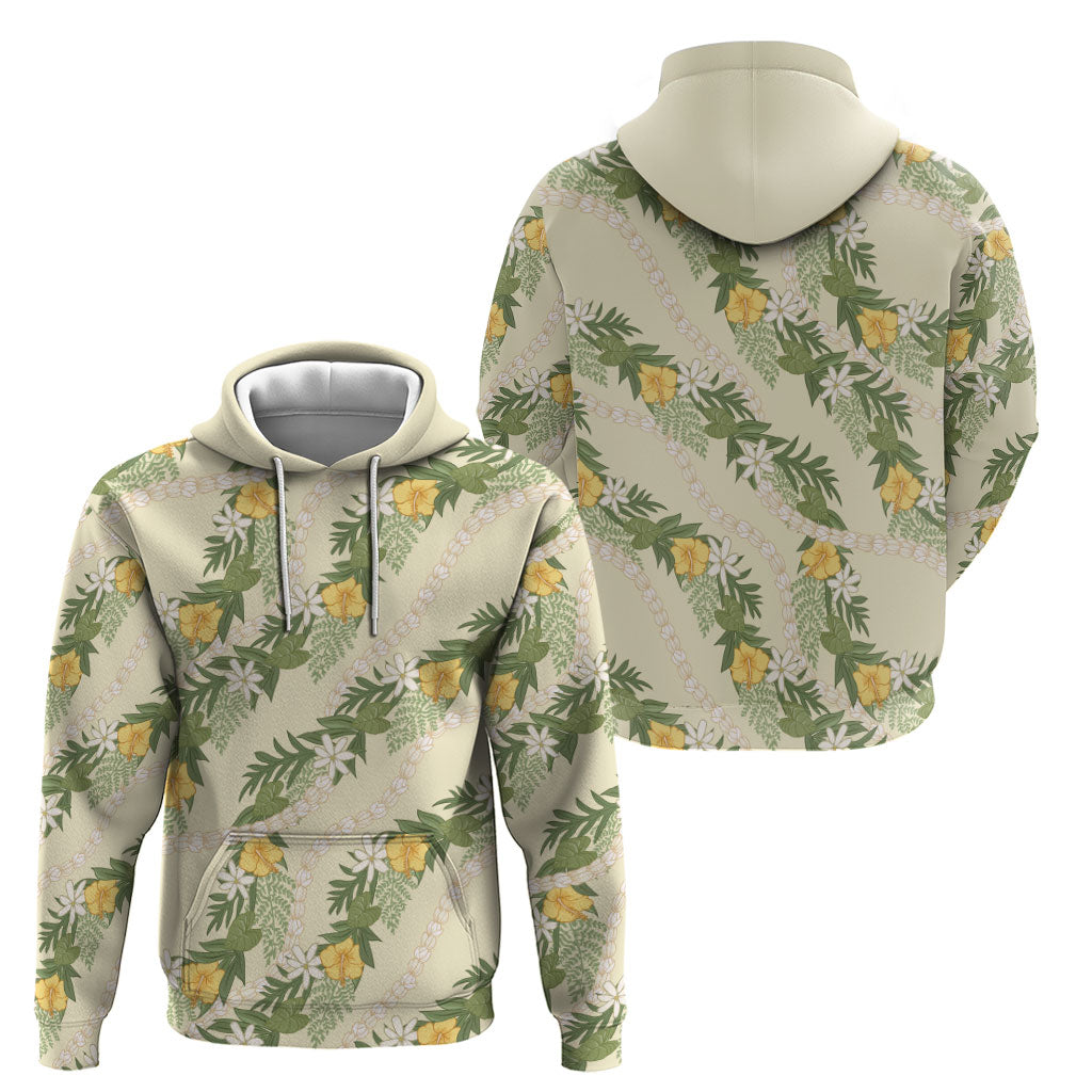 Hawaiian Pikake Maile Lei Zip Hoodie Tiare Hibiscus Kalo Palapalai Leaf Beige