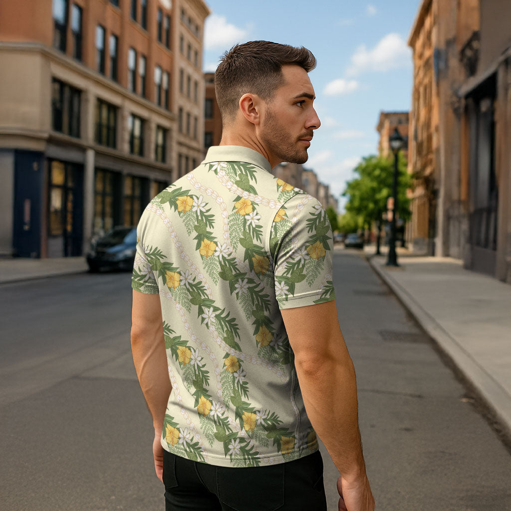 Hawaiian Pikake Maile Lei Zipper Polo Shirt Tiare Hibiscus Kalo Palapalai Leaf Beige