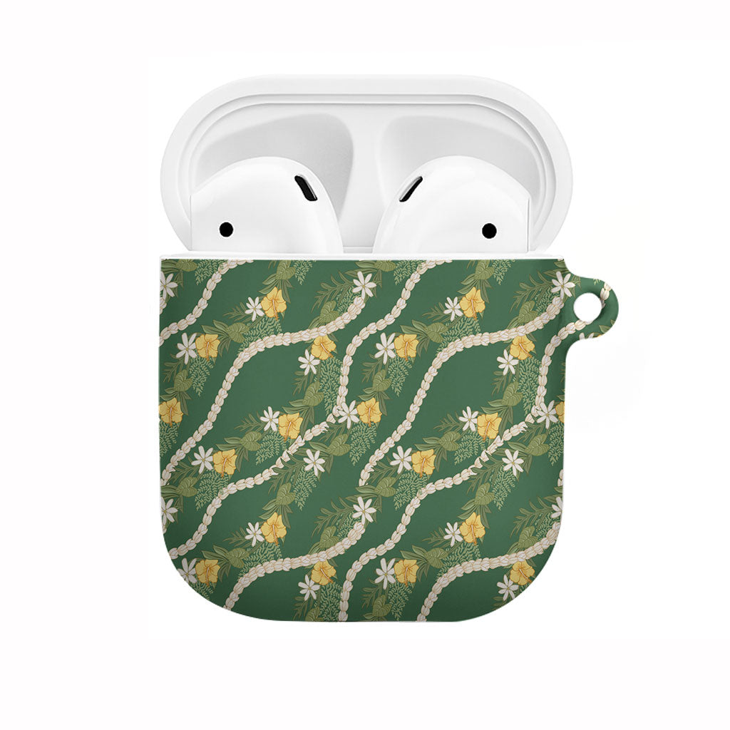 Hawaiian Pikake Maile Lei AirPods Case Tiare Hibiscus Kalo Palapalai Leaf Green