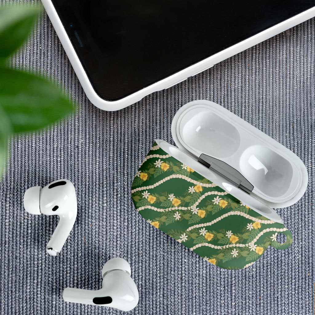 Hawaiian Pikake Maile Lei AirPods Case Tiare Hibiscus Kalo Palapalai Leaf Green