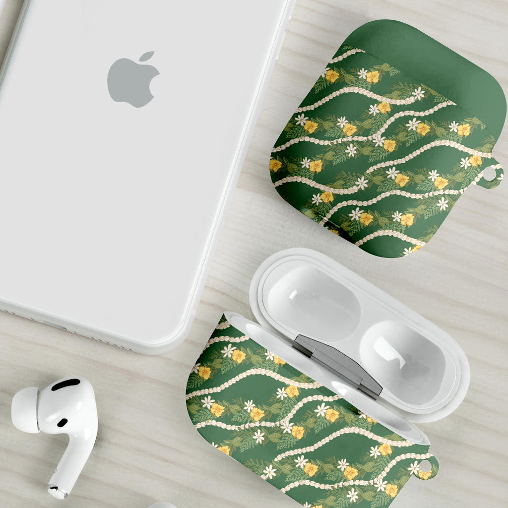 Hawaiian Pikake Maile Lei AirPods Case Tiare Hibiscus Kalo Palapalai Leaf Green