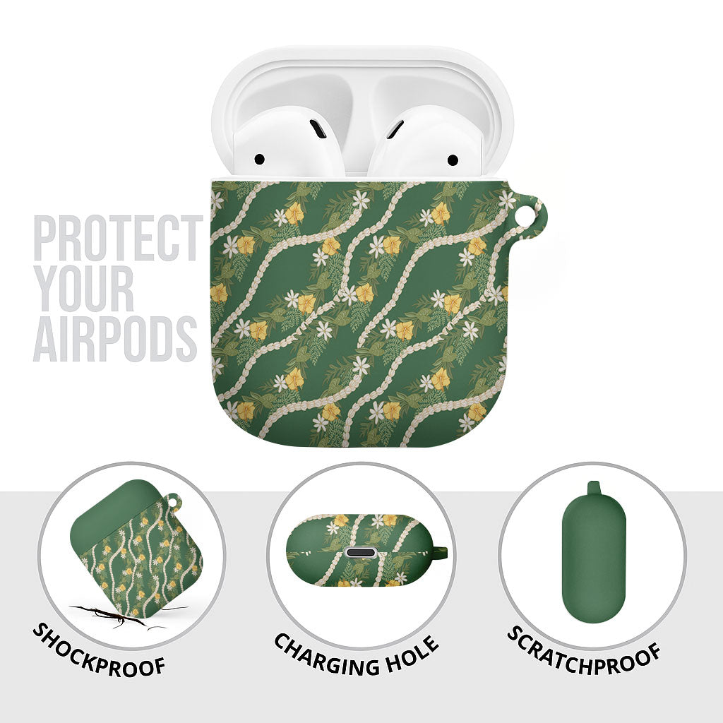 Hawaiian Pikake Maile Lei AirPods Case Tiare Hibiscus Kalo Palapalai Leaf Green