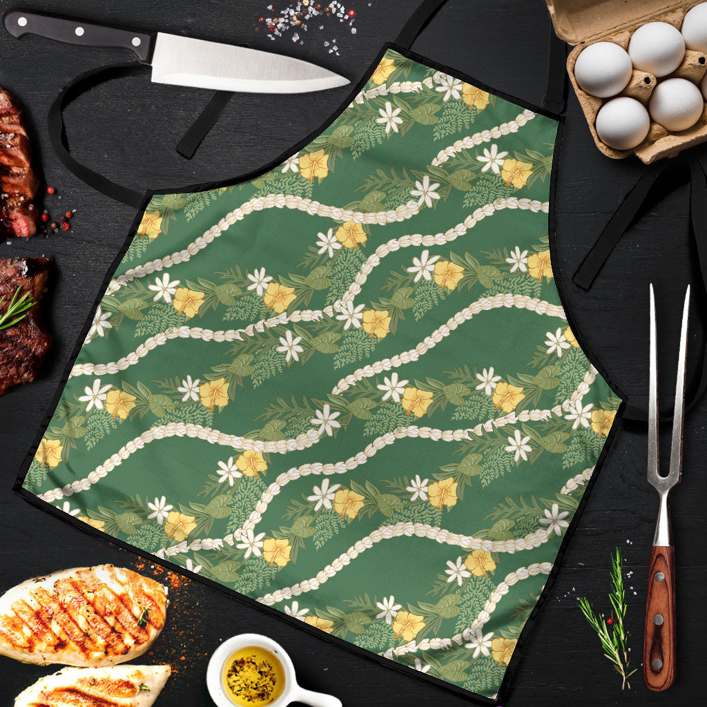 Hawaiian Pikake Maile Lei Apron Tiare Hibiscus Kalo Palapalai Leaf Green