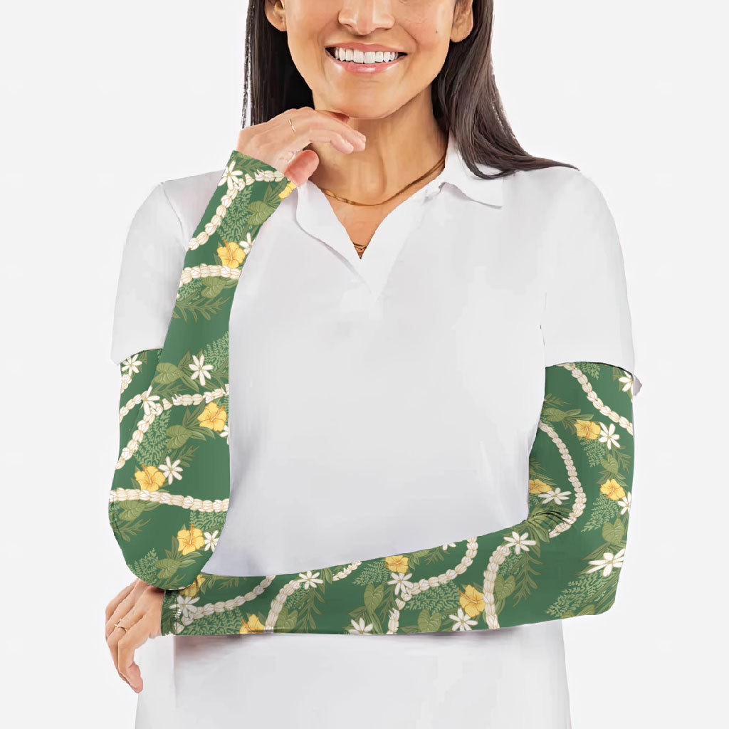 Hawaiian Pikake Maile Lei Arm Sleeves Tiare Hibiscus Kalo Palapalai Leaf Green