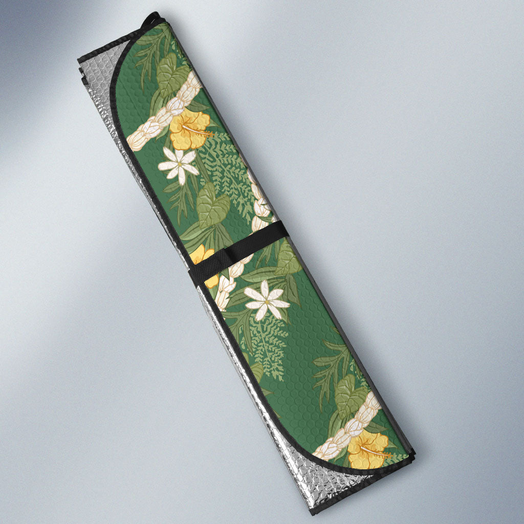 Hawaiian Pikake Maile Lei Auto Sun Shade Tiare Hibiscus Kalo Palapalai Leaf Green