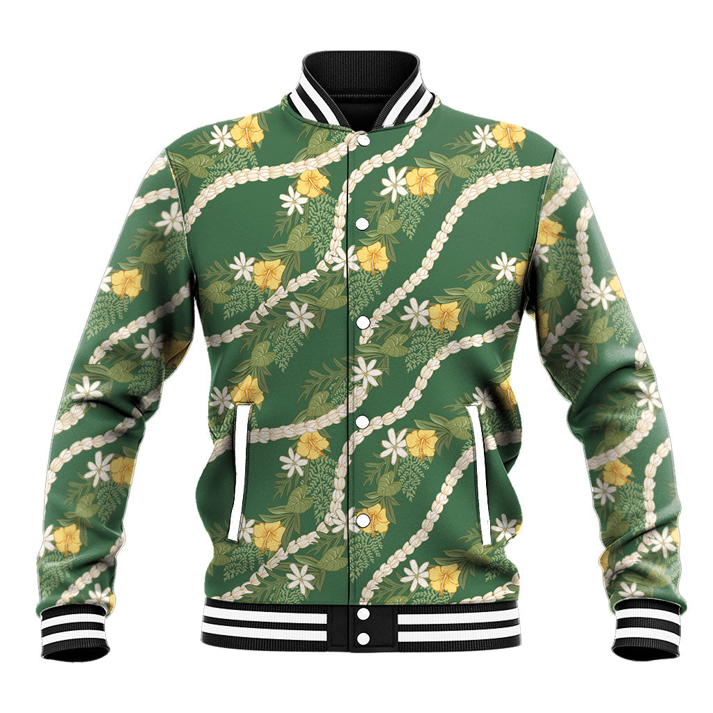 Hawaiian Pikake Maile Lei Baseball Jacket Tiare Hibiscus Kalo Palapalai Leaf Green