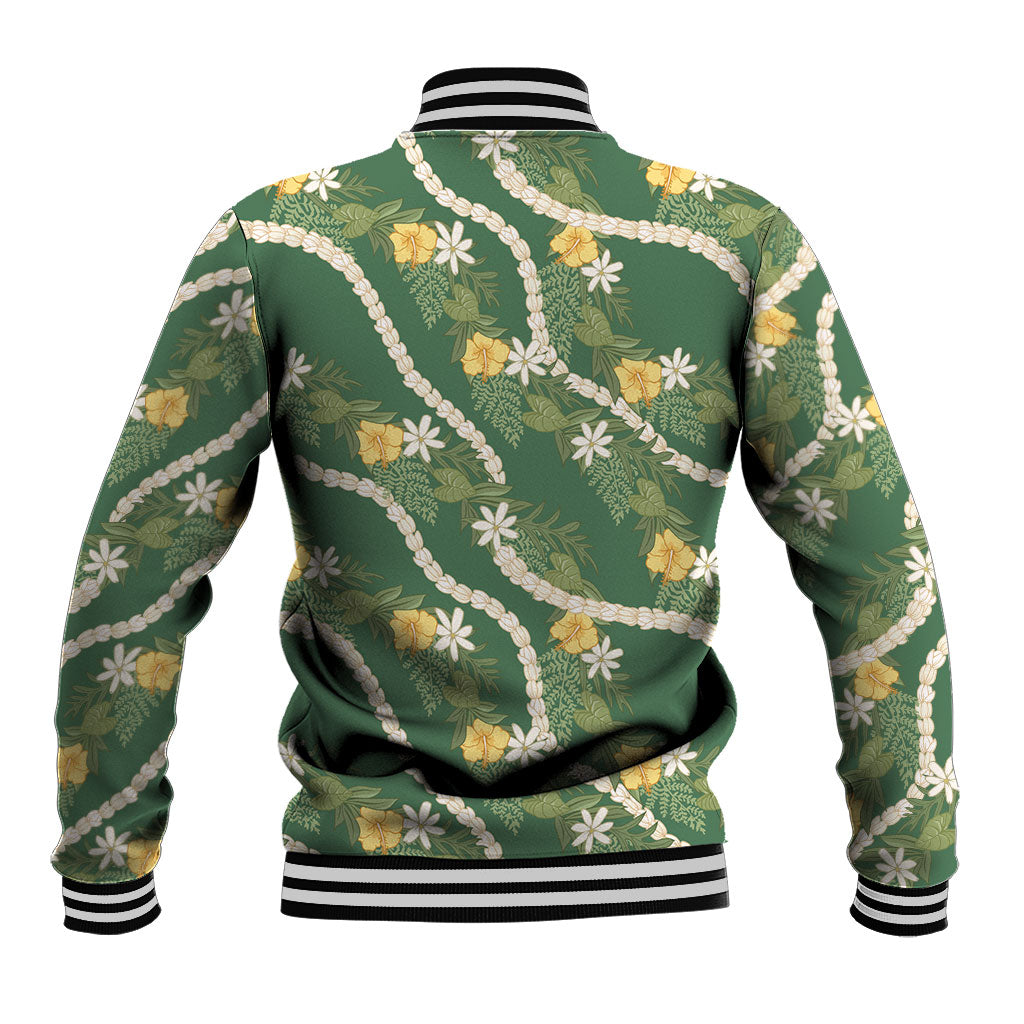 Hawaiian Pikake Maile Lei Baseball Jacket Tiare Hibiscus Kalo Palapalai Leaf Green