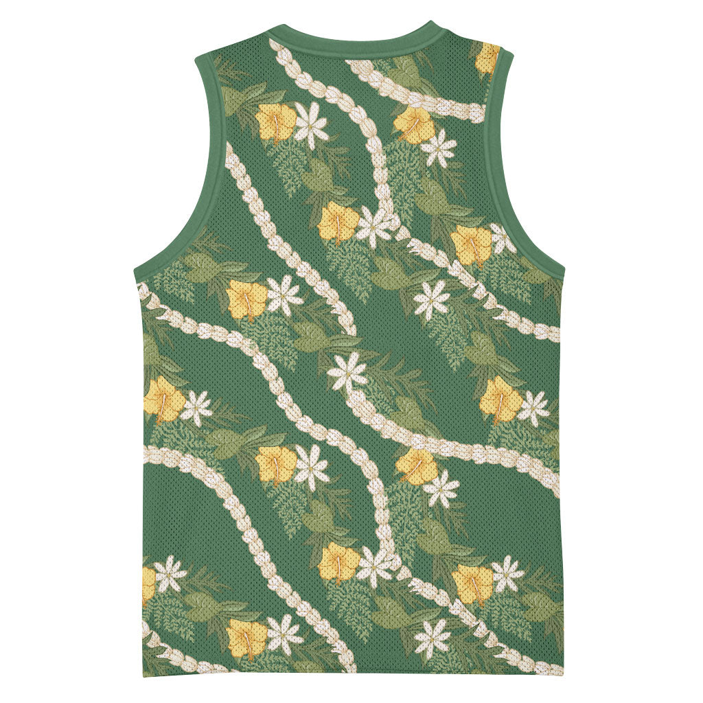 Hawaiian Pikake Maile Lei Basketball Jersey Tiare Hibiscus Kalo Palapalai Leaf Green