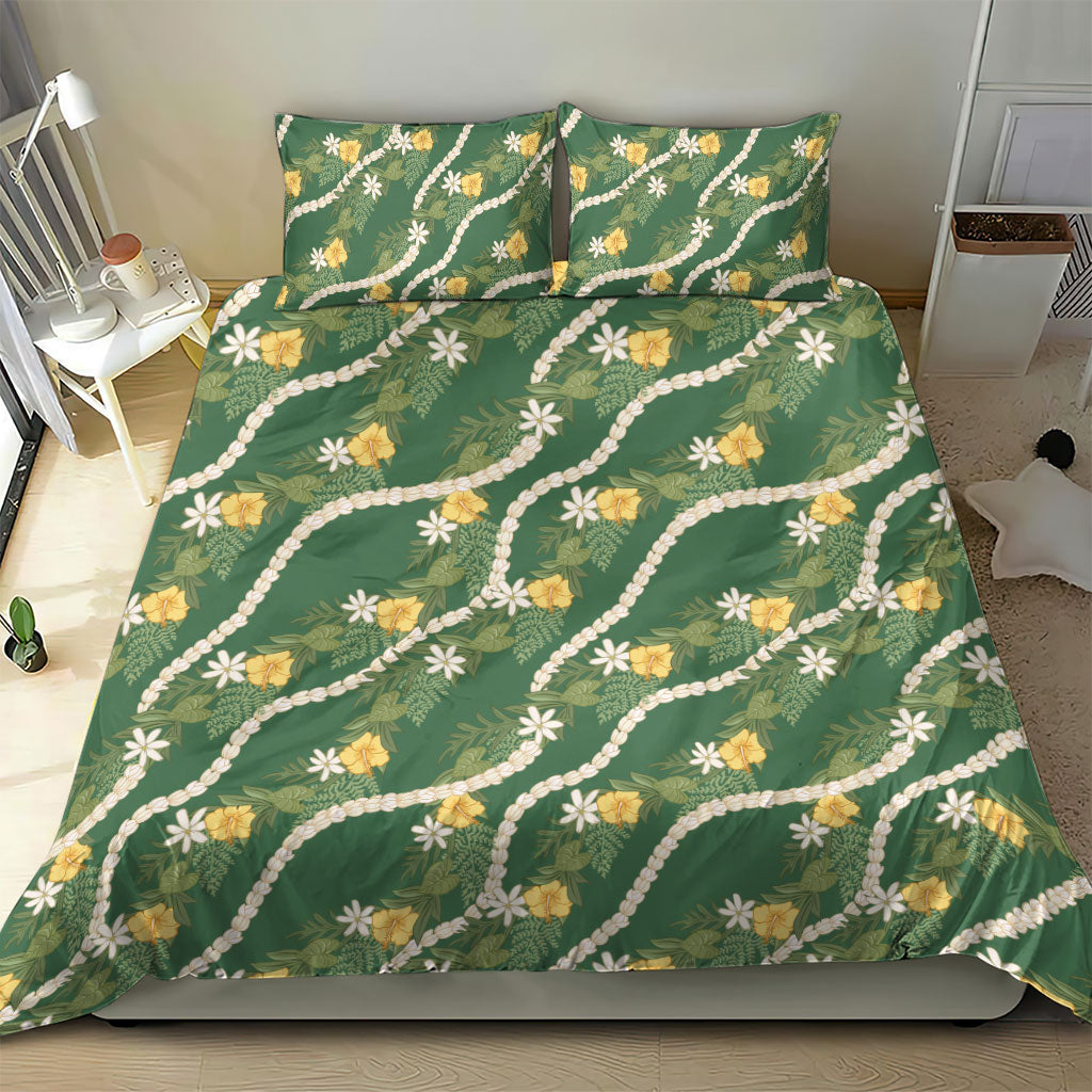 Hawaiian Pikake Maile Lei Bedding Set Tiare Hibiscus Kalo Palapalai Leaf Green