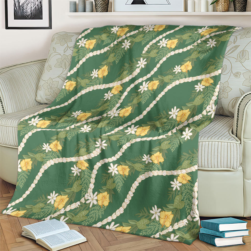 Hawaiian Pikake Maile Lei Blanket Tiare Hibiscus Kalo Palapalai Leaf Green