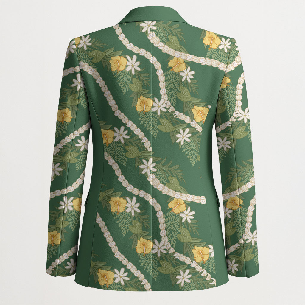 Hawaiian Pikake Maile Lei Blazer Tiare Hibiscus Kalo Palapalai Leaf Green