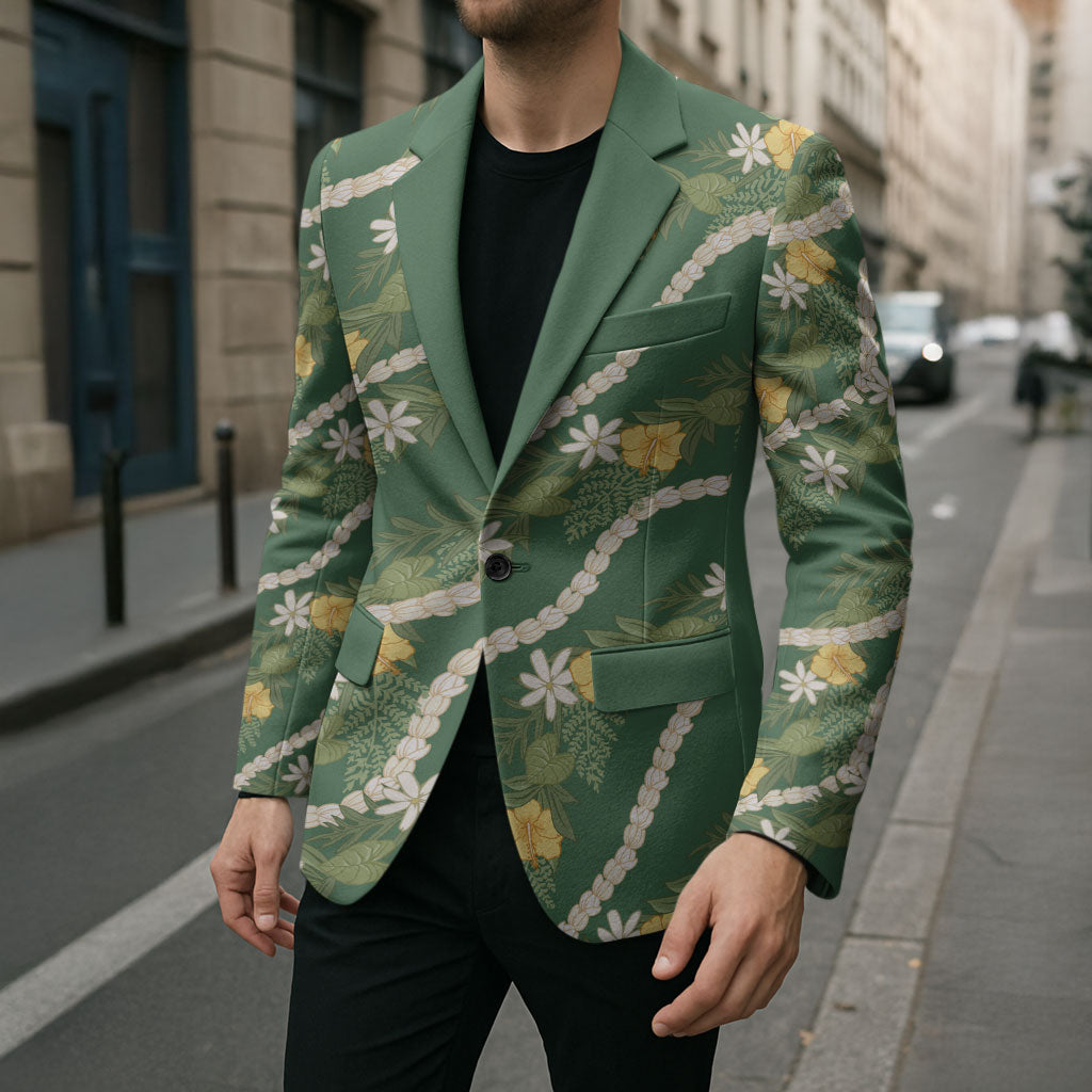 Hawaiian Pikake Maile Lei Blazer Tiare Hibiscus Kalo Palapalai Leaf Green