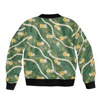 Hawaiian Pikake Maile Lei Bomber Jacket Tiare Hibiscus Kalo Palapalai Leaf Green
