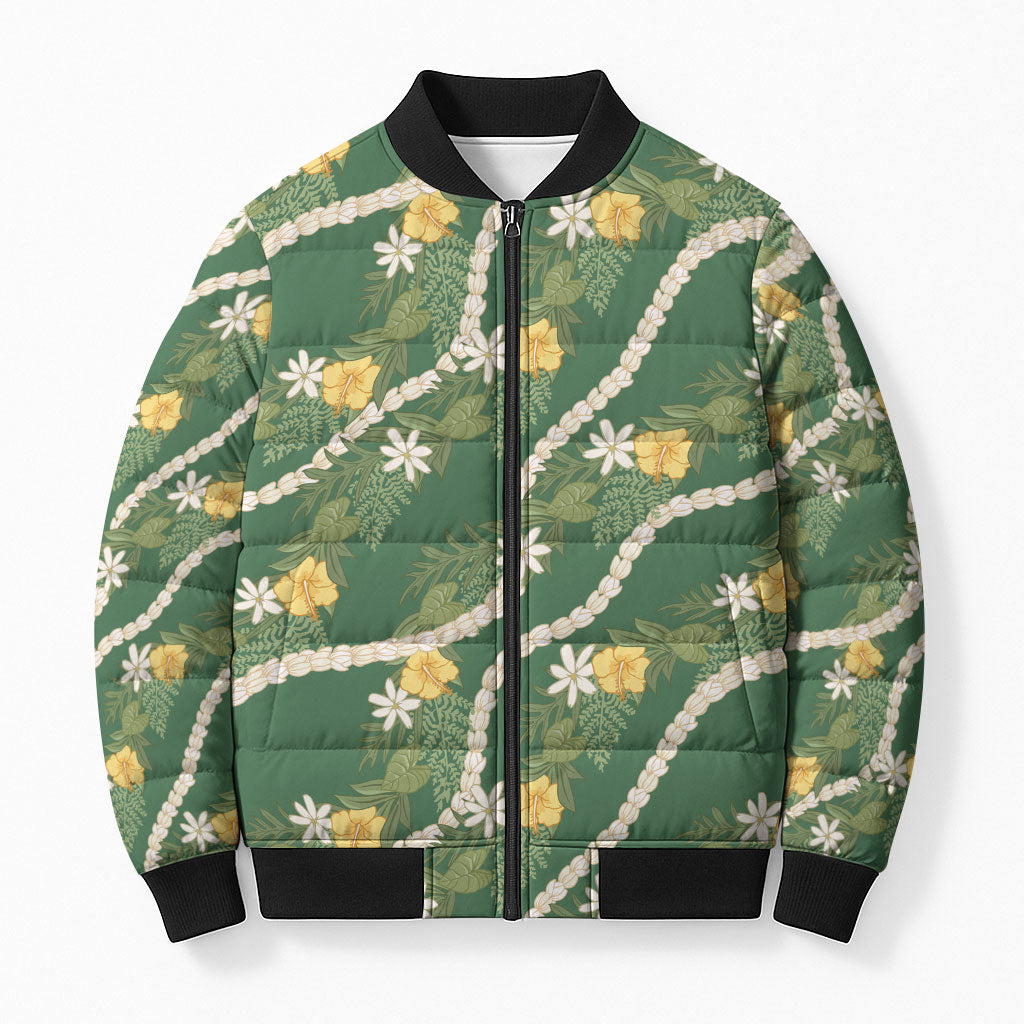 Hawaiian Pikake Maile Lei Bomber Puffer Jacket Tiare Hibiscus Kalo Palapalai Leaf Green