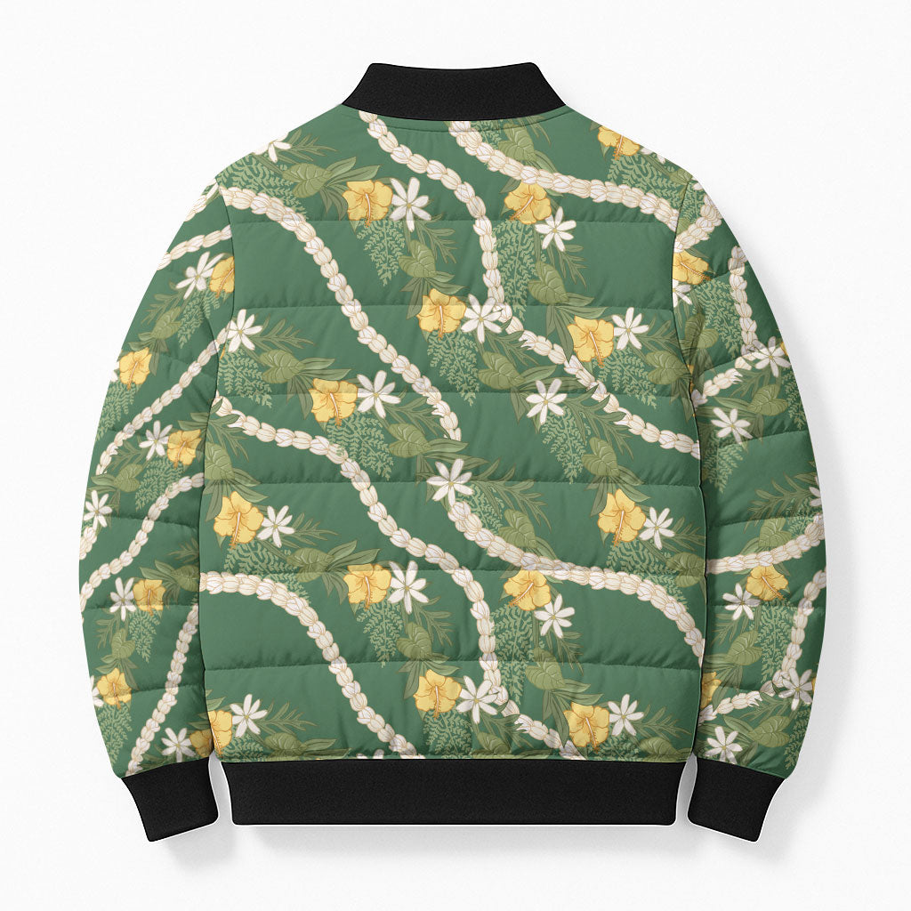 Hawaiian Pikake Maile Lei Bomber Puffer Jacket Tiare Hibiscus Kalo Palapalai Leaf Green