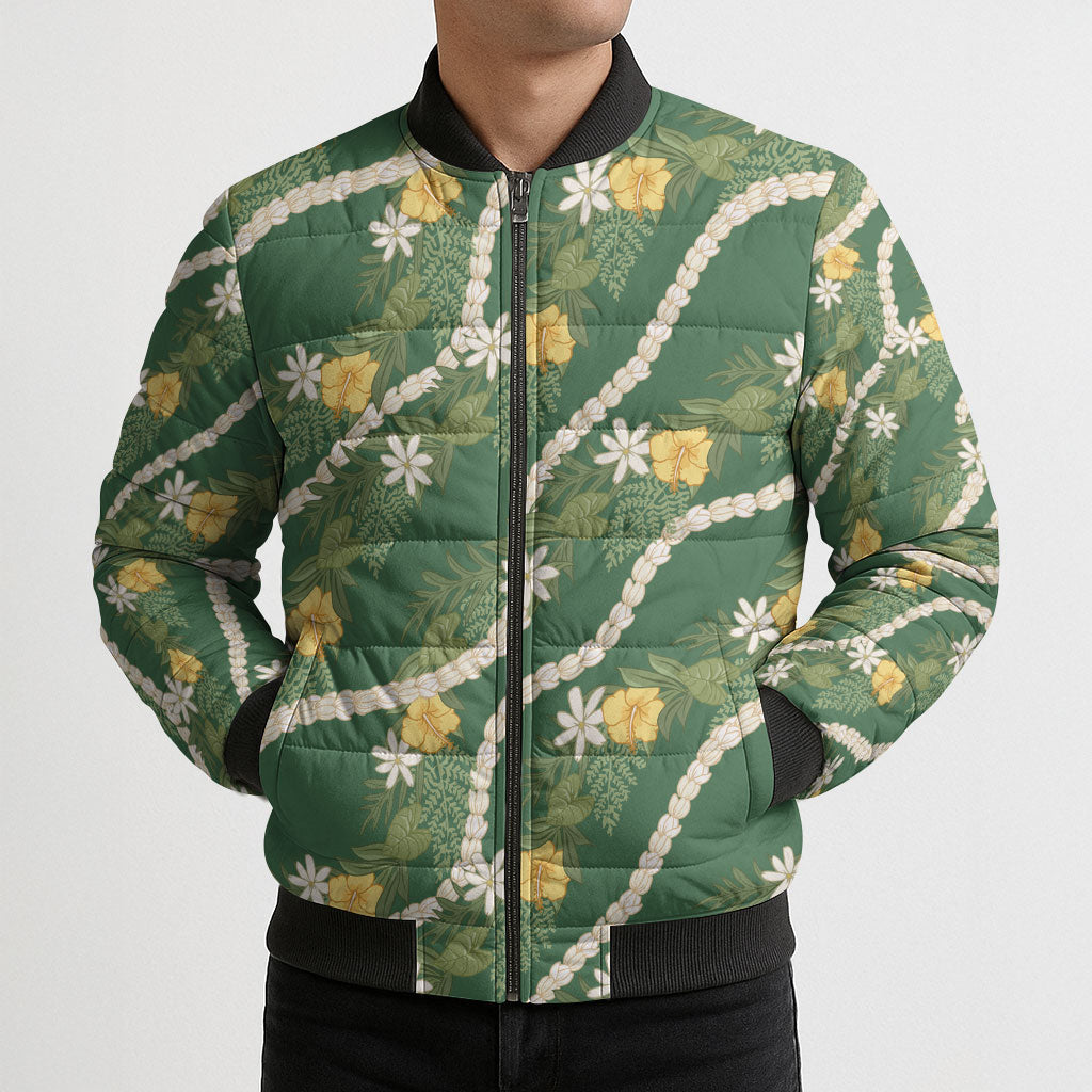 Hawaiian Pikake Maile Lei Bomber Puffer Jacket Tiare Hibiscus Kalo Palapalai Leaf Green