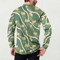 Hawaiian Pikake Maile Lei Button Sweatshirt Tiare Hibiscus Kalo Palapalai Leaf Green