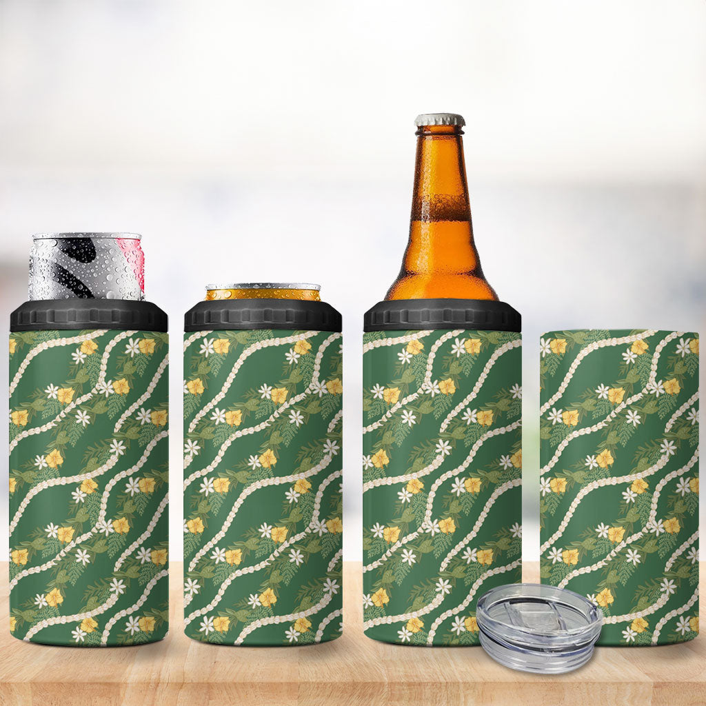 Hawaiian Pikake Maile Lei 4 in 1 Can Cooler Tumbler Tiare Hibiscus Kalo Palapalai Leaf Green LT19 - Polynesian Pride