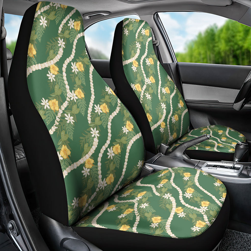 Hawaiian Pikake Maile Lei Car Seat Cover Tiare Hibiscus Kalo Palapalai Leaf Green