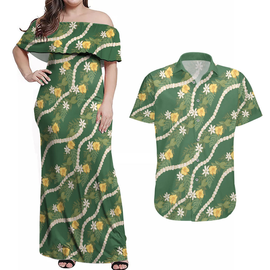 Hawaiian Pikake Maile Lei Couples Matching Off Shoulder Maxi Dress and Hawaiian Shirt Tiare Hibiscus Kalo Palapalai Leaf Green LT19 Green - Polynesian Pride