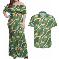 Hawaiian Pikake Maile Lei Couples Matching Off Shoulder Maxi Dress and Hawaiian Shirt Tiare Hibiscus Kalo Palapalai Leaf Green LT19 Green - Polynesian Pride