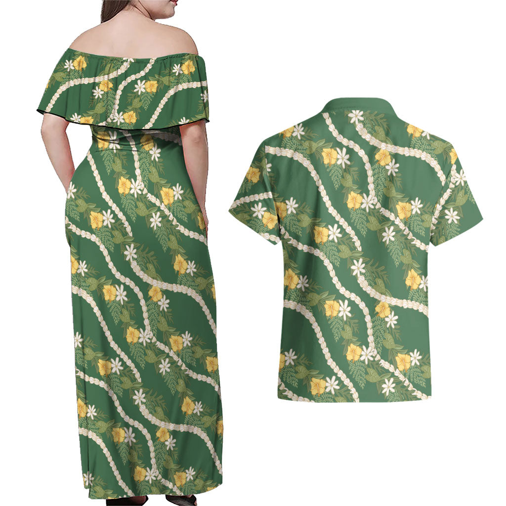 Hawaiian Pikake Maile Lei Couples Matching Off Shoulder Maxi Dress and Hawaiian Shirt Tiare Hibiscus Kalo Palapalai Leaf Green LT19 - Polynesian Pride