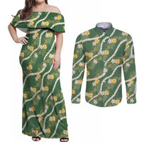 Hawaiian Pikake Maile Lei Couples Matching Off Shoulder Maxi Dress and Long Sleeve Button Shirt Tiare Hibiscus Kalo Palapalai Leaf Green LT19 Green - Polynesian Pride