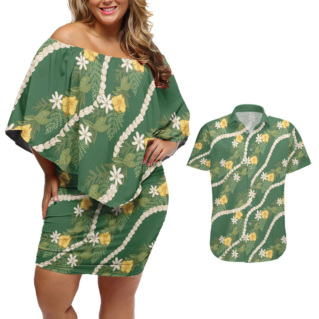 Hawaiian Pikake Maile Lei Couples Matching Off Shoulder Short Dress and Hawaiian Shirt Tiare Hibiscus Kalo Palapalai Leaf Green
