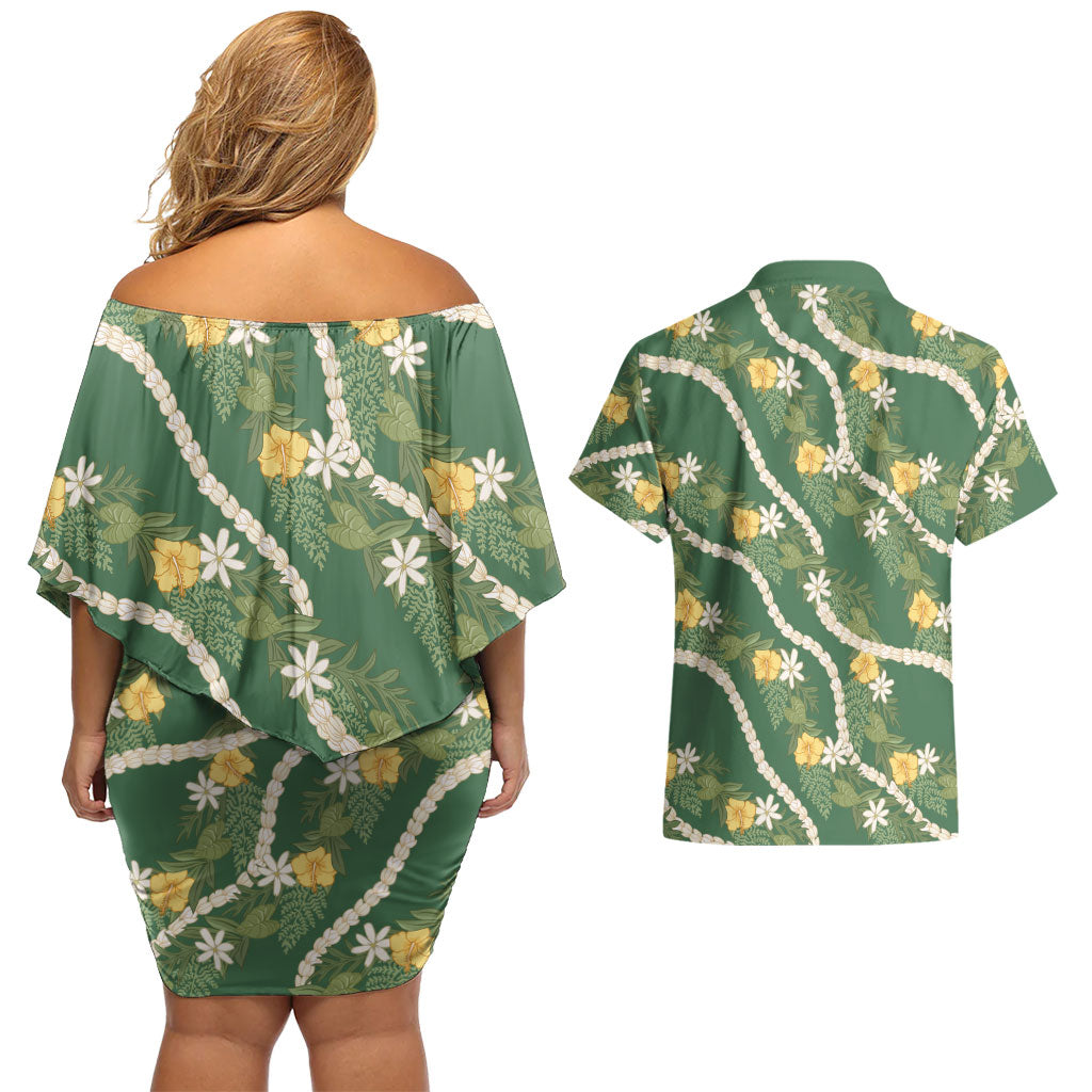 Hawaiian Pikake Maile Lei Couples Matching Off Shoulder Short Dress and Hawaiian Shirt Tiare Hibiscus Kalo Palapalai Leaf Green LT19 - Polynesian Pride