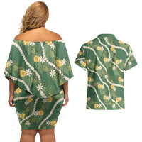 Hawaiian Pikake Maile Lei Couples Matching Off Shoulder Short Dress and Hawaiian Shirt Tiare Hibiscus Kalo Palapalai Leaf Green LT19 - Polynesian Pride