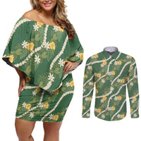 Hawaiian Pikake Maile Lei Couples Matching Off Shoulder Short Dress and Long Sleeve Button Shirt Tiare Hibiscus Kalo Palapalai Leaf Green LT19 Green - Polynesian Pride