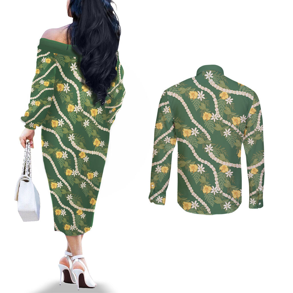 Hawaiian Pikake Maile Lei Couples Matching Off The Shoulder Long Sleeve Dress and Long Sleeve Button Shirt Tiare Hibiscus Kalo Palapalai Leaf Green LT19 - Polynesian Pride