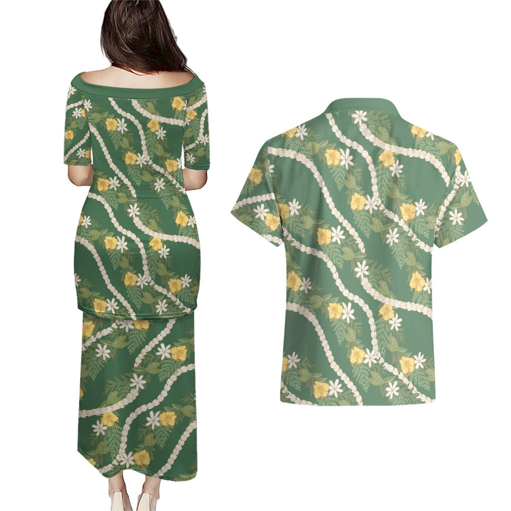 Hawaiian Pikake Maile Lei Couples Matching Puletasi and Hawaiian Shirt Tiare Hibiscus Kalo Palapalai Leaf Green LT19 - Polynesian Pride
