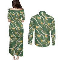 Hawaiian Pikake Maile Lei Couples Matching Puletasi and Long Sleeve Button Shirt Tiare Hibiscus Kalo Palapalai Leaf Green