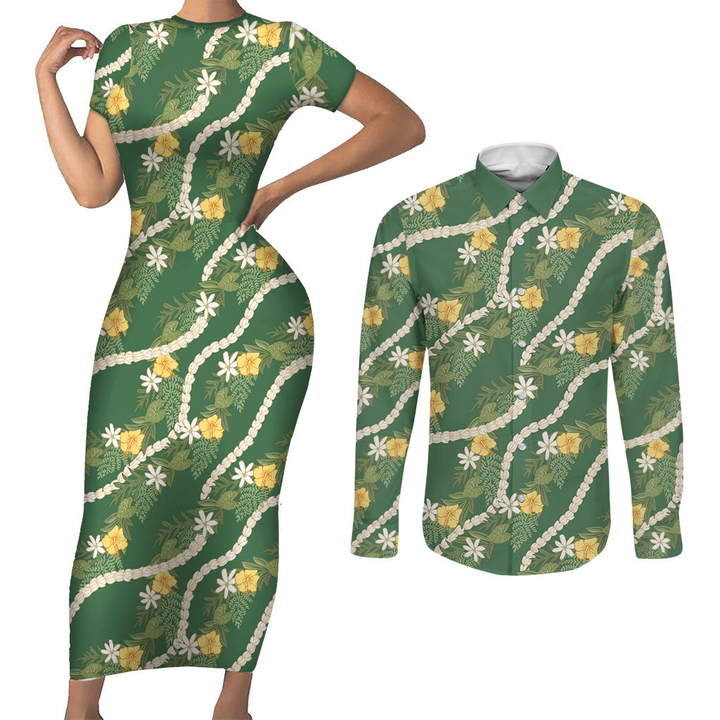 Hawaiian Pikake Maile Lei Couples Matching Short Sleeve Bodycon Dress and Long Sleeve Button Shirt Tiare Hibiscus Kalo Palapalai Leaf Green LT19 Green - Polynesian Pride
