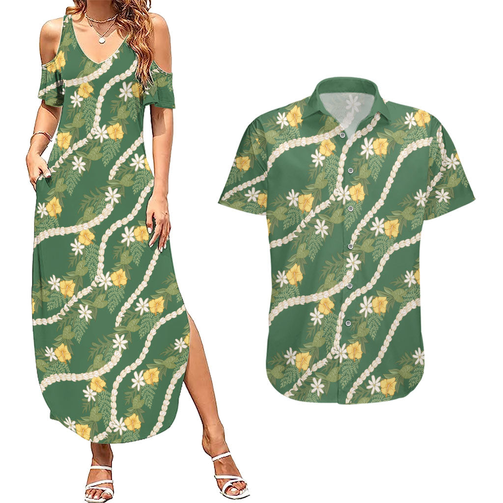 Hawaiian Pikake Maile Lei Couples Matching Summer Maxi Dress and Hawaiian Shirt Tiare Hibiscus Kalo Palapalai Leaf Green LT19 Green - Polynesian Pride