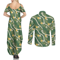 Hawaiian Pikake Maile Lei Couples Matching Summer Maxi Dress and Long Sleeve Button Shirt Tiare Hibiscus Kalo Palapalai Leaf Green LT19 - Polynesian Pride