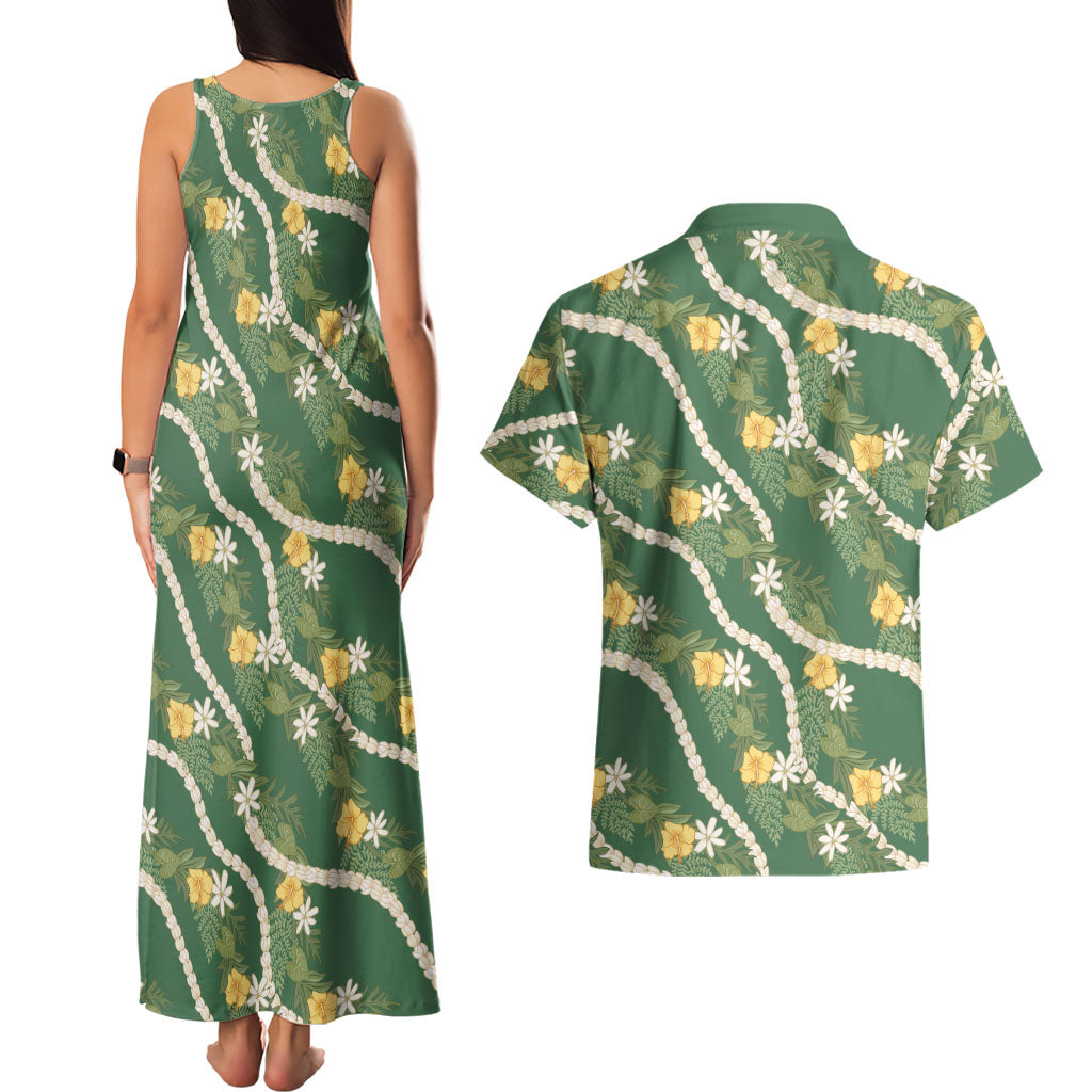 Hawaiian Pikake Maile Lei Couples Matching Tank Maxi Dress and Hawaiian Shirt Tiare Hibiscus Kalo Palapalai Leaf Green LT19 - Polynesian Pride