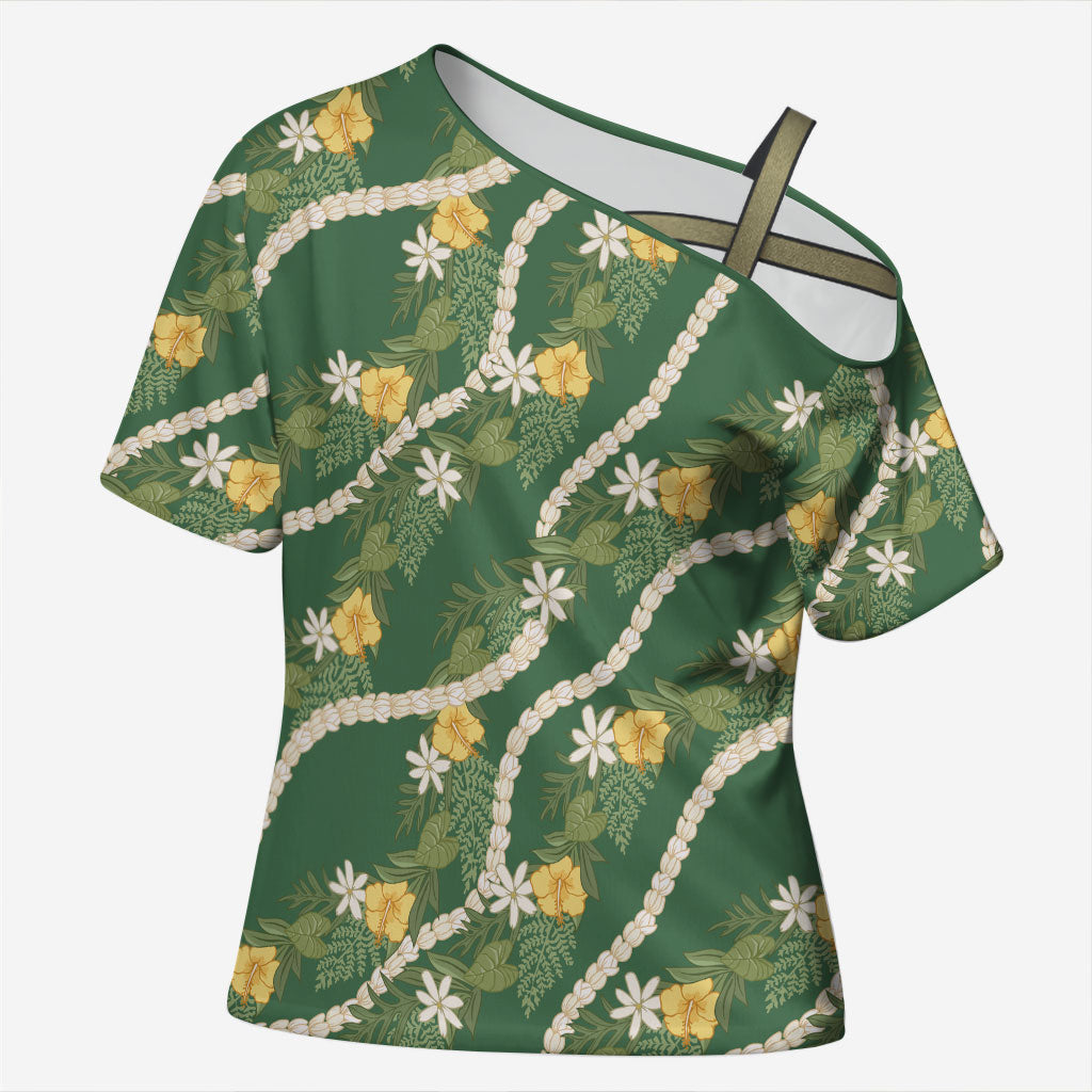 Hawaiian Pikake Maile Lei Cross Shoulder Shirt Tiare Hibiscus Kalo Palapalai Leaf Green