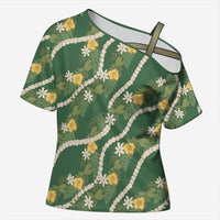 Hawaiian Pikake Maile Lei Cross Shoulder Shirt Tiare Hibiscus Kalo Palapalai Leaf Green