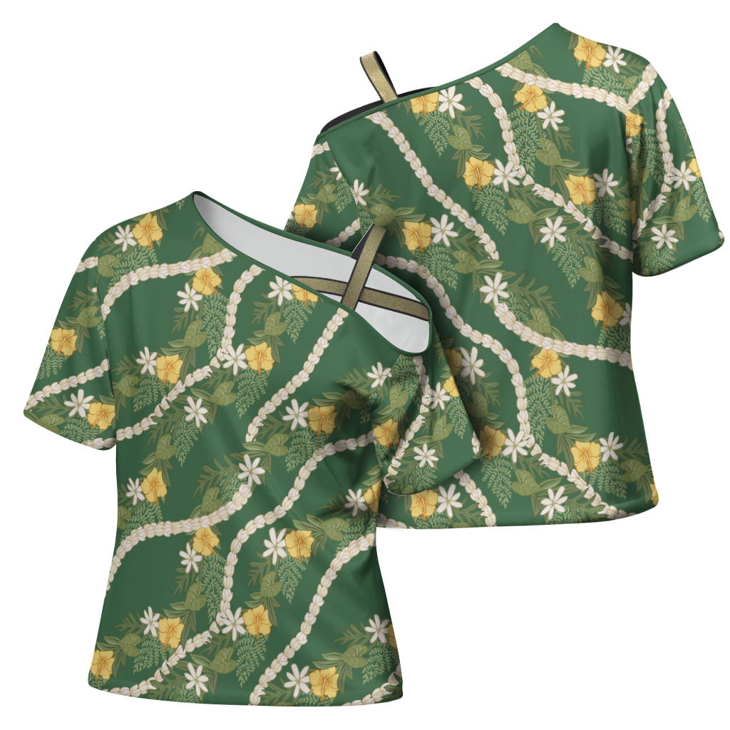 Hawaiian Pikake Maile Lei Cross Shoulder Shirt Tiare Hibiscus Kalo Palapalai Leaf Green
