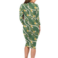 Hawaiian Pikake Maile Lei Family Matching Long Sleeve Bodycon Dress and Hawaiian Shirt Tiare Hibiscus Kalo Palapalai Leaf Green LT19 - Polynesian Pride