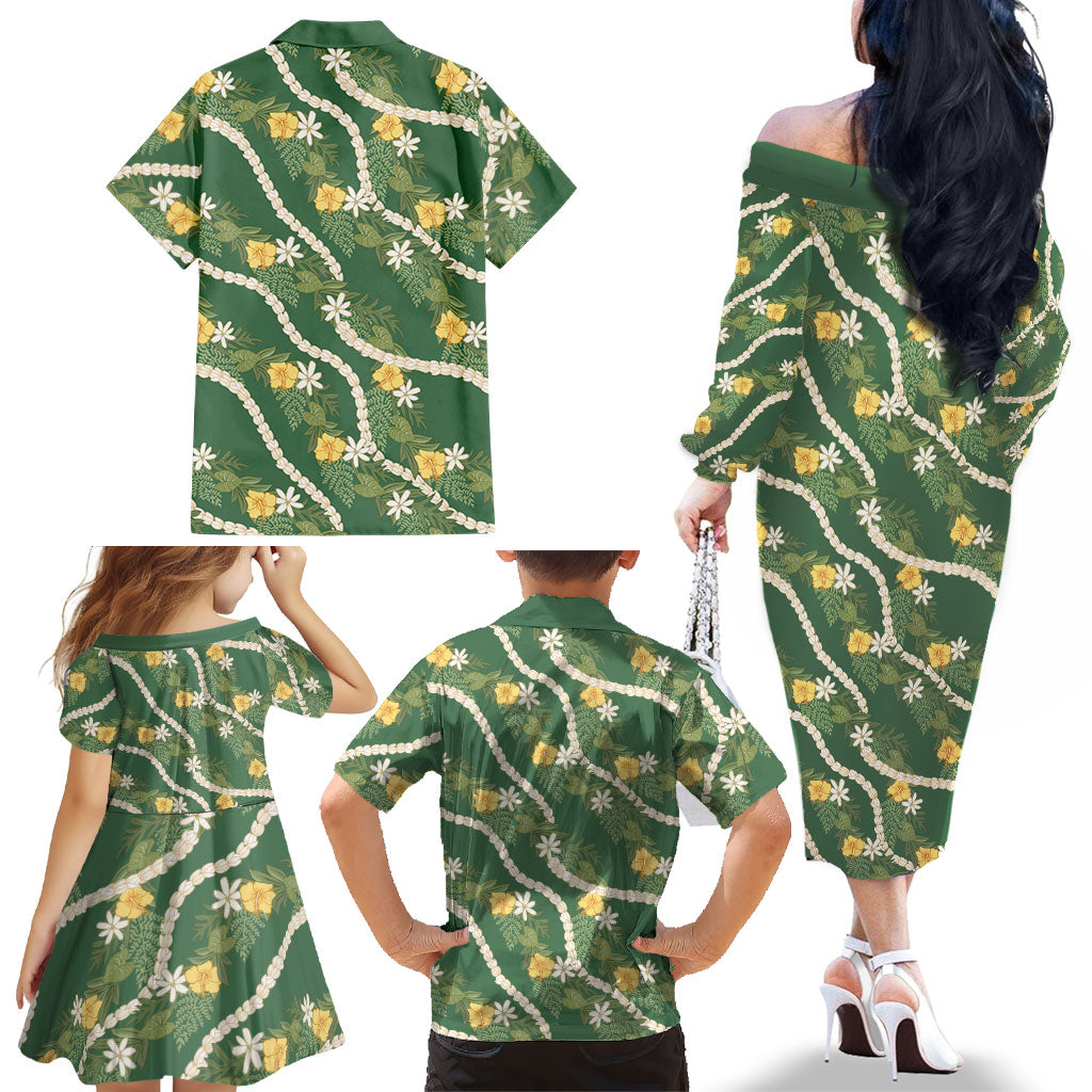 Hawaiian Pikake Maile Lei Family Matching Off The Shoulder Long Sleeve Dress and Hawaiian Shirt Tiare Hibiscus Kalo Palapalai Leaf Green LT19 - Polynesian Pride