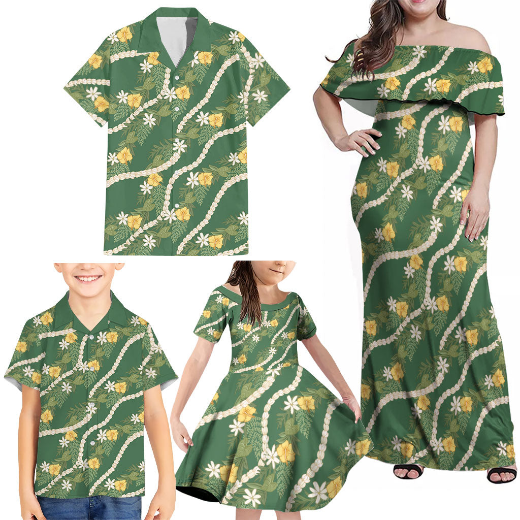 Hawaiian Pikake Maile Lei Family Matching Off Shoulder Maxi Dress and Hawaiian Shirt Tiare Hibiscus Kalo Palapalai Leaf Green LT19 - Polynesian Pride