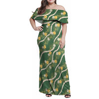 Hawaiian Pikake Maile Lei Family Matching Off Shoulder Maxi Dress and Hawaiian Shirt Tiare Hibiscus Kalo Palapalai Leaf Green LT19 Mom's Dress Green - Polynesian Pride