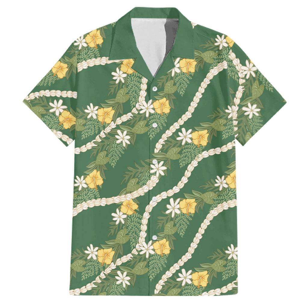 Hawaiian Pikake Maile Lei Family Matching Off Shoulder Short Dress and Hawaiian Shirt Tiare Hibiscus Kalo Palapalai Leaf Green LT19 Dad's Shirt - Short Sleeve Green - Polynesian Pride
