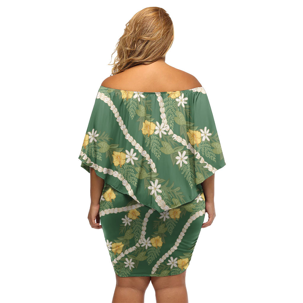 Hawaiian Pikake Maile Lei Family Matching Off Shoulder Short Dress and Hawaiian Shirt Tiare Hibiscus Kalo Palapalai Leaf Green LT19 - Polynesian Pride
